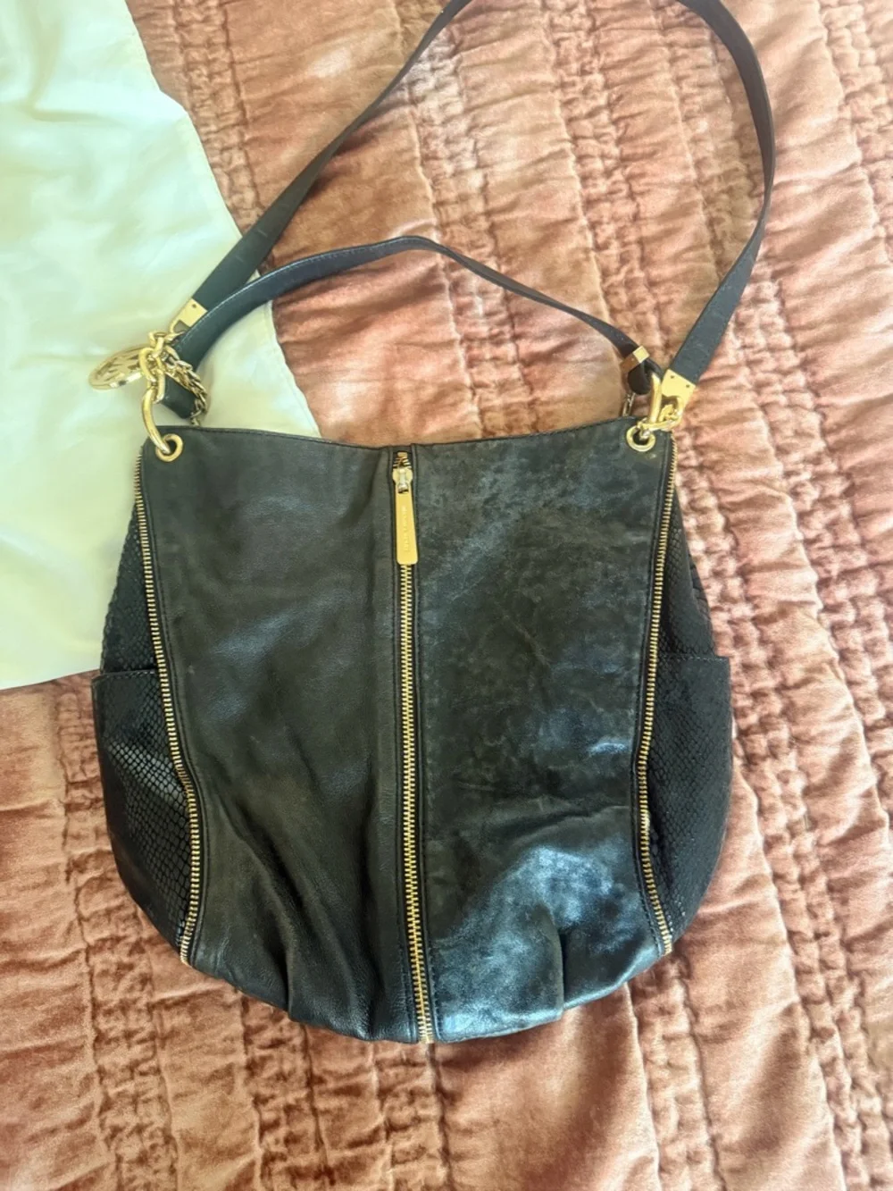 Michael Kors Black Leather Hobo Shoulder Bag with Gold Hardware - Picture 7 of 10